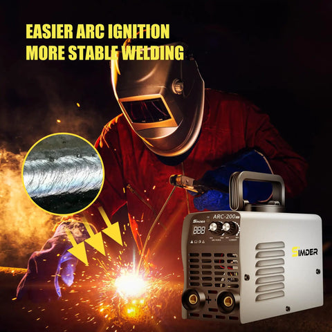 Ultra Portable 110V Mini Stick Welder for DIY Home and Auto Projects with a welder in action, helmet, sparks, and welding rod.