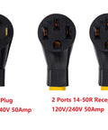 14-50P To Dual 14-50R Y Splitter Cable, 3 Feet, 120V/240V 50 Amp, showing 4 prong male and two 4 prong receptacles