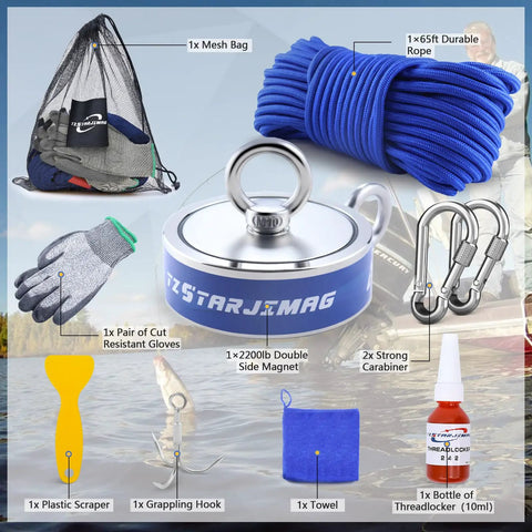 Heavy-Duty Double-Side Magnetic Fishing Kit with 2200 lb pull power, 66 ft rope, 3.85 inch magnet, gloves, grappling hook, and mesh bag.