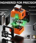 Top Shelf Green Laser Level With 3X360 Self Leveling Precision And Crisp Digital Readout, showing detailed internal components and battery.