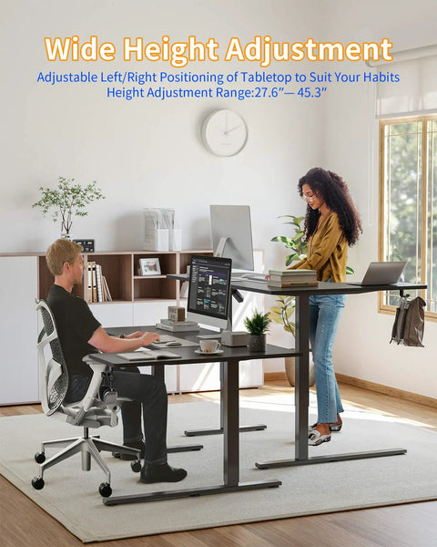 Yihayo 55 Inch L Shaped Electric Standing Desk, Reversible Corner Height Adjustable Computer Table shown in home office.