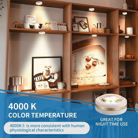 Puck Lights With Remote Wireless Under Cabinet Lighting Battery Operated Dimmable Night Light illuminating bookshelf display