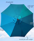 Top view of 9 Foot Solar LED Patio Umbrella with cerulean canopy showing color variation under different lighting conditions.