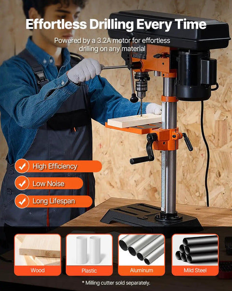 Heavy Duty Benchtop Drill Press Packing A Killer 3.2 Amp Motor And Five Speeds With Ten Inch Swing Plus Tilting Cast Iron Table in use for precision drilling.