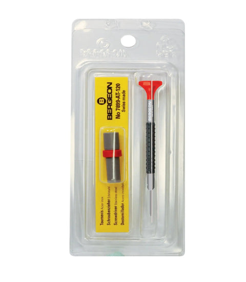 Ergonomic 1.4mm Flat Head Watch Screwdriver With Spare Blades Stainless Steel Tool Set in packaging with red color coded tip