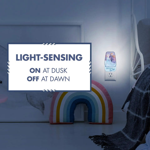 Frozen LED Night Light Featuring Anna And Elsa Sensor Plug In Dusk To Dawn Auto On Off Cozy Glow Vibe displayed in a dim room.