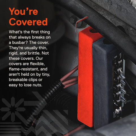 Hardcore 12V Power Distribution Terminal Block And Battery Bus Bar Kit With Insulated Negative Positive Terminals For Trucks RV Boats And ATV Rigs Built Tough For Weekend Warrior Rides cover details and wiring in engine compartment.