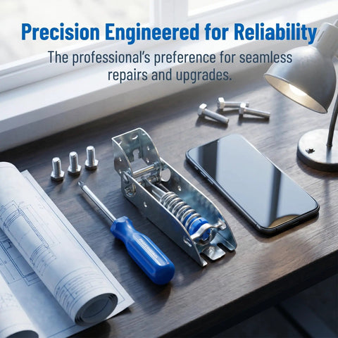Beefy Sturdy Refrigerator Hinges With Thick Spring Loaded Design And Three Mounting Holes On Desk With Tools and Blueprints