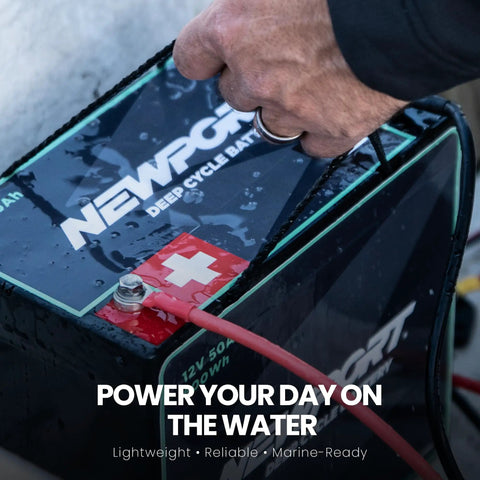 Badass Lightweight 12V 50Ah Deep Cycle Marine Battery Sealed AGM Lead Acid with handle, used in marine environment.