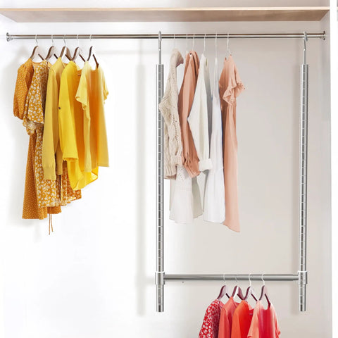 Adjustable Hanging Closet Rod Chrome Finish Extends From 18.75 To 30.5 Inches In 7 Positions, displaying clothes in closet setup.
