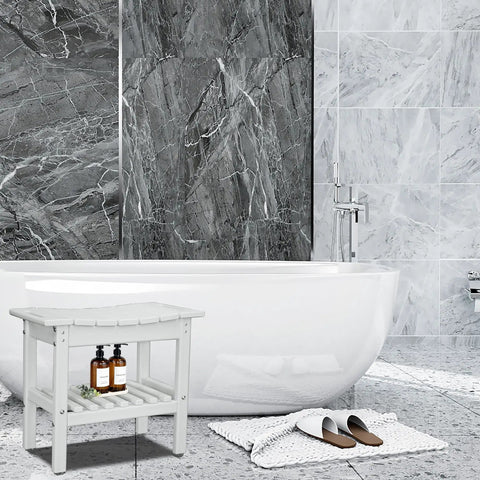 HDPE Shower Bench With Space Saving Storage Shelf For Bathroom Use Waterproof Indoor Spa Stool Comfortable Shower Chair For All Ages Unisex White Large 19.3 X 11.8 X 17.3