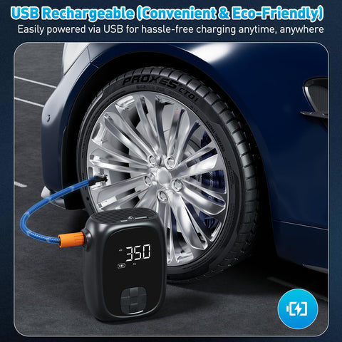 Fast Inflation Portable Tire Inflator With Auto Shut Off And LED Display inflating a car tire, USB-rechargeable air pump
