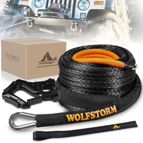 One Half Inch 100 Foot Synthetic Winch Rope Kit With Protective Sleeve, Heavy Duty Forged Hook, Safety Ribbon, 33,000 Lbs Break Strength