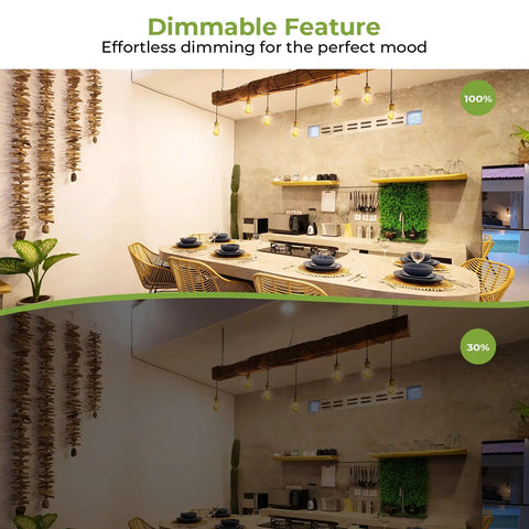Dining room with Vintage Edison Style LED Bulbs Dimmable ST58 E26 2700K Soft White lighting comparison at 100% and 30% brightness