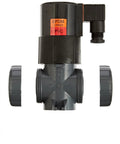 Top Tier 3/4 Inch PVC Solenoid Valve Featuring True Union NPD Design With EPDM Seals Socket Threaded Terminals, detailed view with fittings.