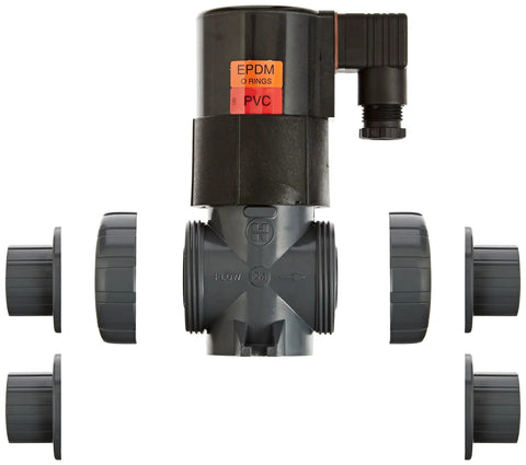Top Tier 3/4 Inch PVC Solenoid Valve Featuring True Union NPD Design With EPDM Seals Socket Threaded Terminals, detailed view with fittings.