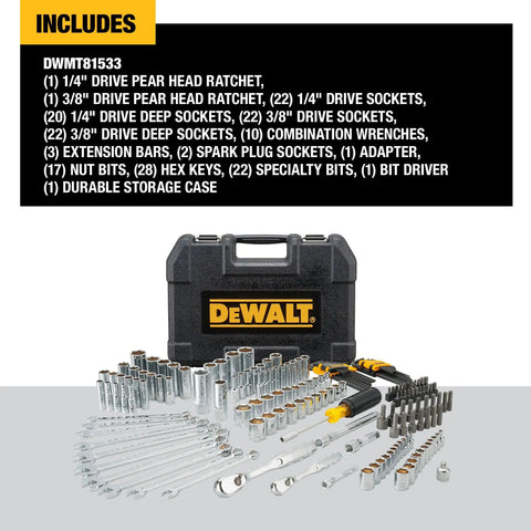 Mechanics Tool Set With One Quarter Inch And Three Eighths Inch Drives, 172-Piece, laid out with case and tools visible