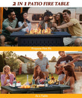 Two scenes of 43 Inch Outdoor Gas Fire Pit Table With 50000 BTU Propane Heat Includes Lid And Lava Rock in use on patio