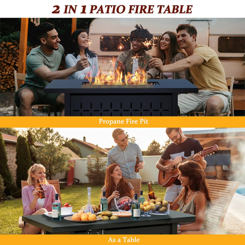 Two scenes of 43 Inch Outdoor Gas Fire Pit Table With 50000 BTU Propane Heat Includes Lid And Lava Rock in use on patio
