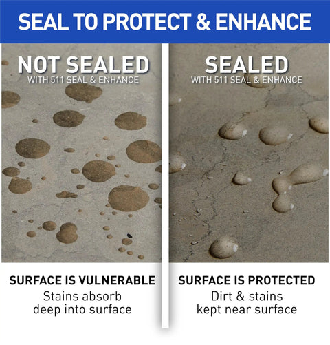 Comparison of surfaces showing Seal And Enhance Premium Sealing Solution For Stone And Tile Ready To Use Impregnator on right side.