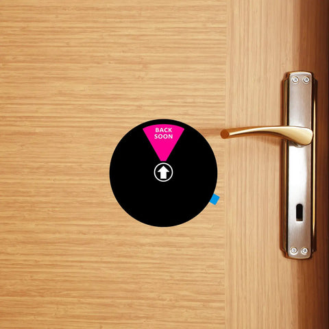 Door Sign For Office With 6 Inch Privacy Indicator And 6 Color States Do Not Disturb Come In Welcome Out Of Office In A Meeting Back Soon Working Remotely Lets Visitors Read Your Availability At A Glance showing "Back Soon"