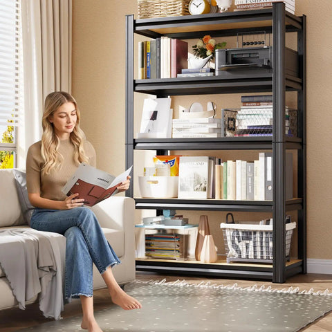 Living room with Beefy Heavy Duty Five Tier Garage Shelving Unit With Adjustable Metal Shelves 2050 Lbs Total Capacity
