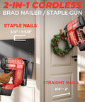 Heavy Duty 18 Gauge Cordless Brad Nailer And 2 Inch Electric Stapler Works With Milwaukee 18 V Battery shown in use on a door with staple and straight nails.