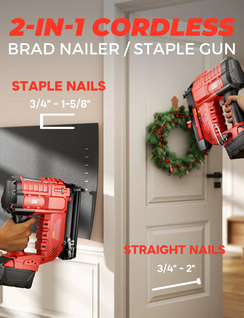 Heavy Duty 18 Gauge Cordless Brad Nailer And 2 Inch Electric Stapler Works With Milwaukee 18 V Battery shown in use on a door with staple and straight nails.