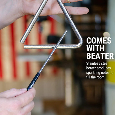 Triangle Percussion Instrument Handcrafted In USA By Nashville Small Biz, Premium Alloy Triangle For Rich, Warm Chime Tone, Supports American Jobs, Made In Tennessee Music Gear. Stainless steel beater included