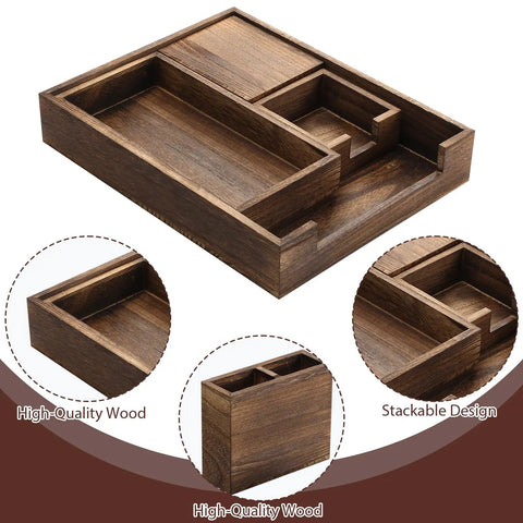 Wood Desk Organizer Kit 4 Pack With Front Load Document Tray Mail Sorter Pen Cup And Sticky Note Holder Stackable Office Accessories For A Neat Home Office Decor Brown, showcasing detailed wood grain and stackable design.