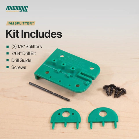 Premium Table Saw Safety Splitter Stops Kickback Cold For One Eighth Inch Kerf Blades mounts quick, includes splitters, drill bit, guide, and screws.