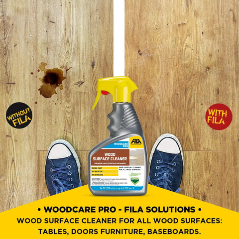Quick Dry Wood Floor Cleaner Spray For Hardwood Surfaces And Kitchen Cabinets on wood floor with stains and shoes.