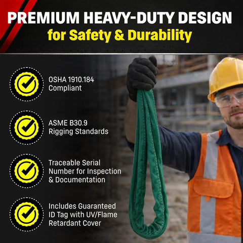 Endless Round Polyester Rigging Sling 30 Foot Green VR2 Heavy Duty Made In USA Ideal For Industrial Lifting And Material Handling 5300 Lb Vertical Load 4240 Lb Choker 10600 Lb Basket Capacity
