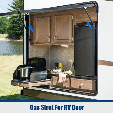 Top Notch 20 Inch Gas Struts Set Of Two Delivering 10 Pounds Of Reliable Lift Force For RV entry door with open hatch.