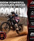 8000W Dual Motor Fat Tire Electric Bike For Adults With Full Suspension And 52 MPH Top Speed 60V 32Ah Battery 26x4 All Terrain Tires SHM 7 Speed Gear on dirt trail
