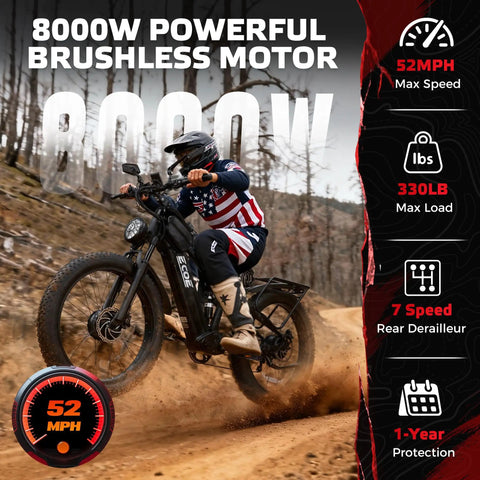 8000W Dual Motor Fat Tire Electric Bike For Adults With Full Suspension And 52 MPH Top Speed 60V 32Ah Battery 26x4 All Terrain Tires SHM 7 Speed Gear on dirt trail