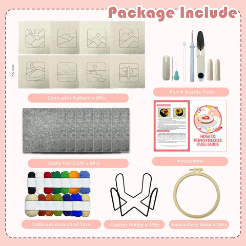 Easy To Use Punch Needle Coaster Kit For Beginners with tools, yarn, embroidery hoop, and 8 landscape pattern fabrics.