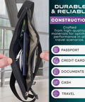 Open RFID Blocking Travel Money Belt And Passport Holder showing interior compartments for cash, cards, passport, and documents.