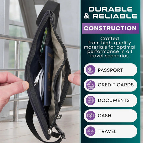 Open RFID Blocking Travel Money Belt And Passport Holder showing interior compartments for cash, cards, passport, and documents.