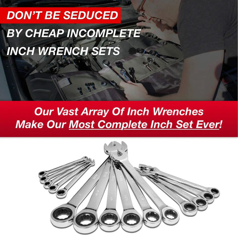 15 Piece 90 Tooth Ratcheting Wrench Master Set With No Fuss Quick Access Wrench Rack Organizer for SAE Standards displayed on a workbench