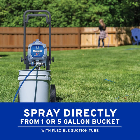 Heavy Duty Cart Airless Paint Sprayer For Interior And Exterior Jobs Featuring Stainless Steel Piston Pump connected to a bucket.