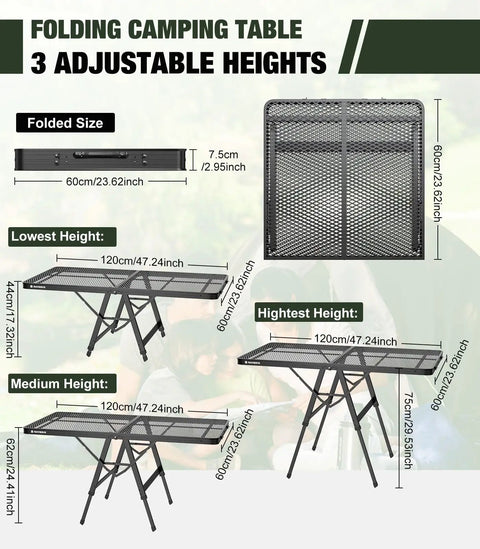 Foldable Grill Table With Mesh Desktop 200Lb Capacity 4 Foot Portable Outdoor Table For Camping Picnic BBQ Beach And RV Height Adjustable Metal Table showing adjustable heights.