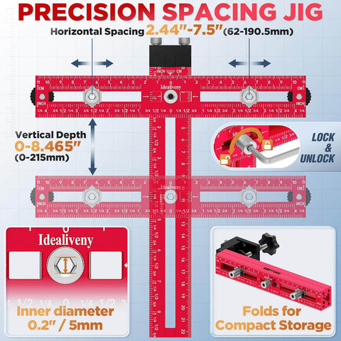 Adjustable Cabinet Hardware Jig For Precise Hole Alignment In Knobs And Handles DIY Cabinet Install Drill Guide Template Spacing From 2.5 Inch To 7.5 Inch Aluminum Body Built To Last And Easy To Use For Quick Boss Level Accuracy showing red aluminum body, markings for accurate hole drilling, and lock/unlock mechanism.