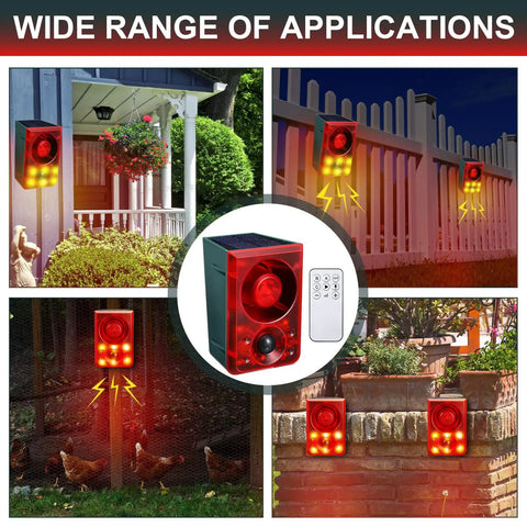 Two Pack Solar Outdoor Motion Sensor Alarm Deterrent With Gunshot Sound And Barking 130dB Loud Noise Maker in garden settings