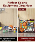 Garage Sports Equipment Organizer With Ball Storage Large Capacity For Gear And Toys Includes Hooks And Baskets For Basketballs Soccer Balls Footballs Golf Balls Bats And More, shown in a before-and-after room organization comparison.