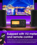 Dual Zone Speaker Selector Box And Amplifier Switch With VU Meter And Remote Control displayed with speakers and remote control.