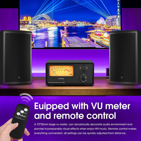 Dual Zone Speaker Selector Box And Amplifier Switch With VU Meter And Remote Control displayed with speakers and remote control.