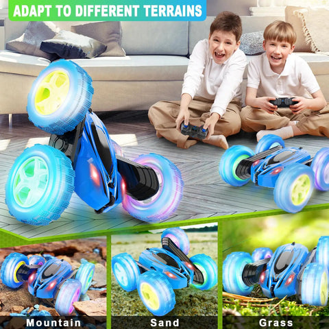 Remote Control Car 2.4GHz 4WD Brushless Monster Truck With 360 Degree Rotating Stunts in blue, kids playing indoors, 3 terrain images