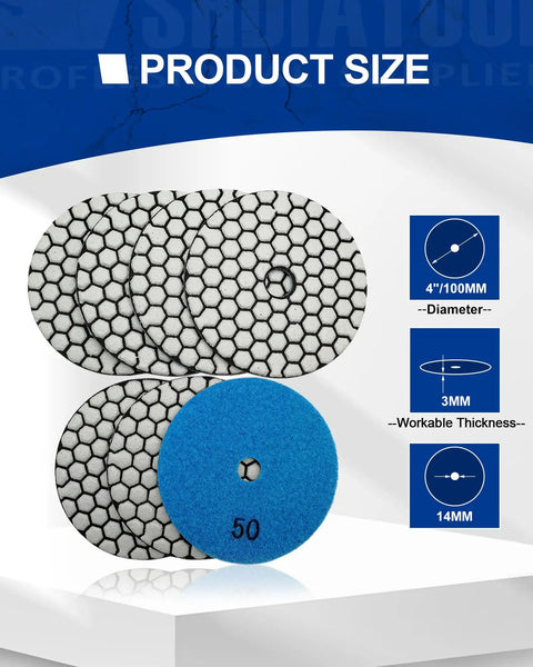 4 Inch Dry Diamond Polishing Pads Set Grit 50 for Granite Marble Quartz Stone, showing pad size and dimensions details.