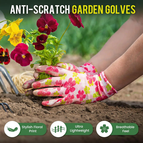 Person wearing Six Pairs Women Gardening Gloves With Breathable Rubber Coated Grip Thorn Proof And Cut Resistant For Outdoor Work